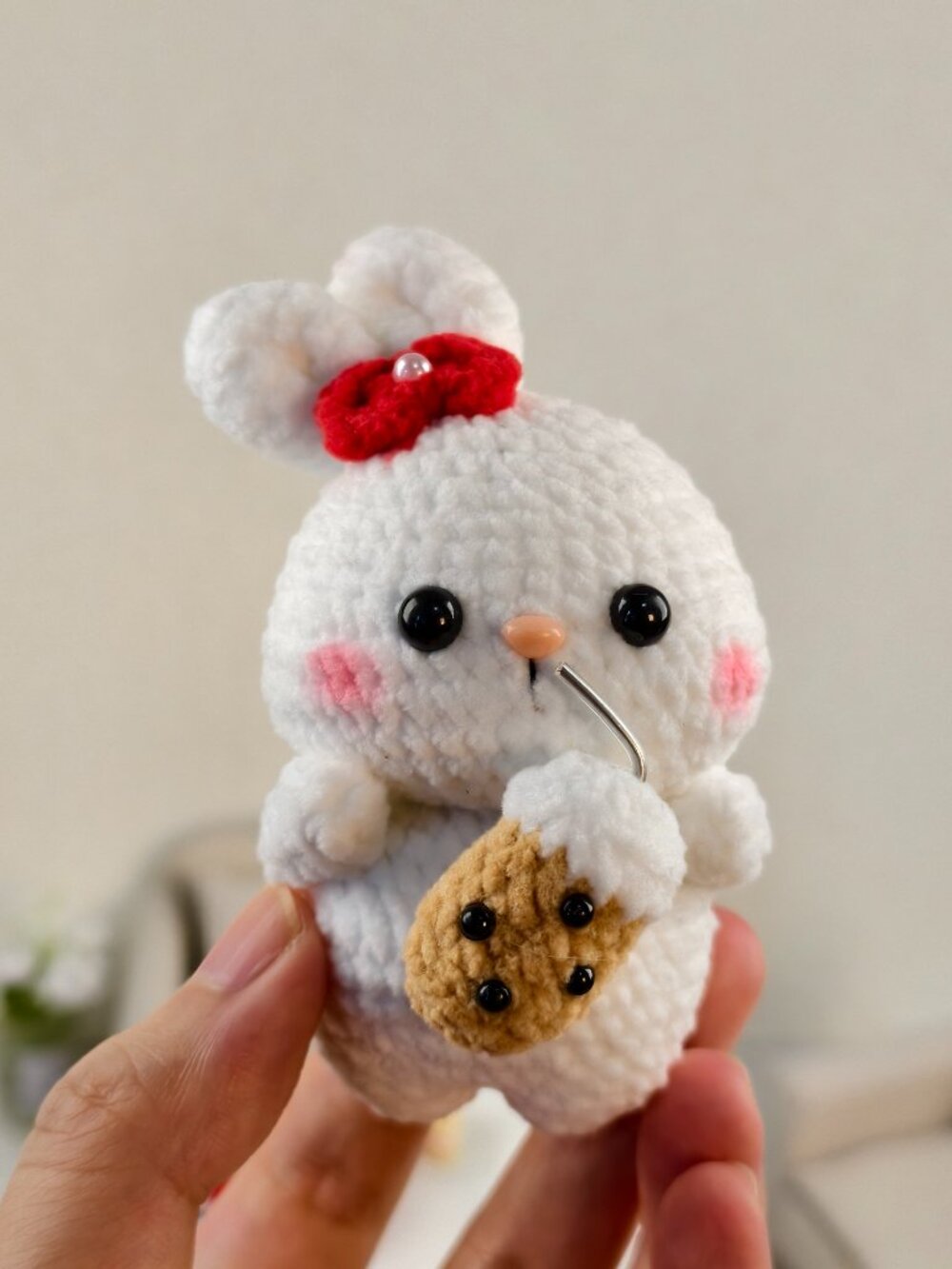 Handmade Amigurumi Crochet Rabbit Drinking Milk Tea Plushie